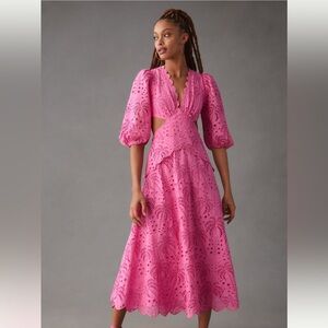Farm Rio Pink Scalloped Palm Eyelet Cutout Midi Dress